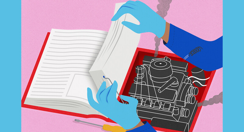 Illustration of technician wearing blue gloves lifting pages of a book to reveal an engine inside