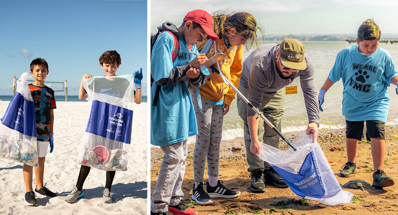 Photos of two groups of students participating in beach clean-up activities