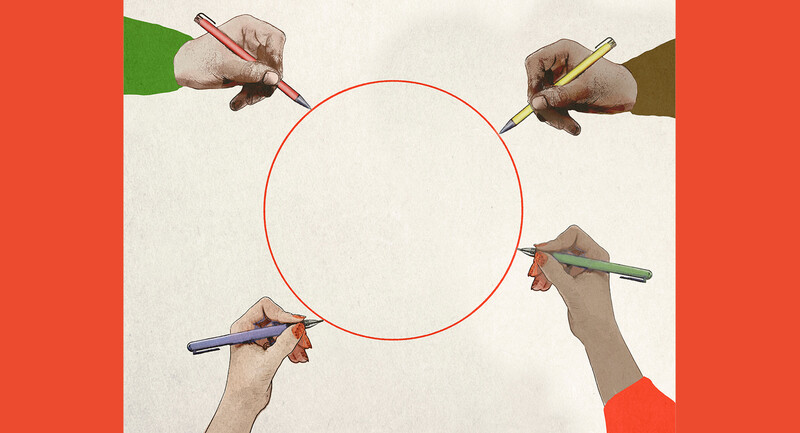 Illustration of four hands with colored pens creating a red circle together
