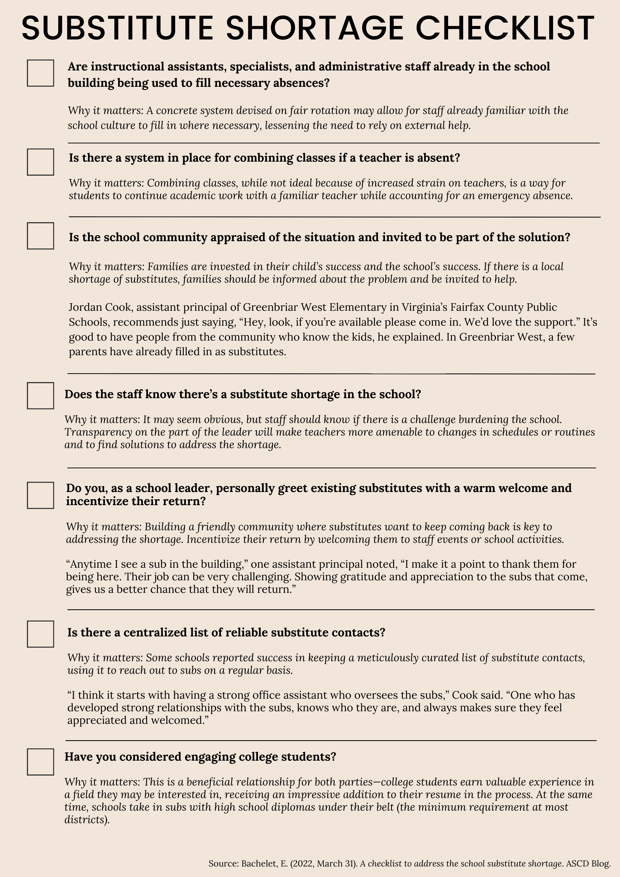 A Checklist for addressing the substitute teaching shortage