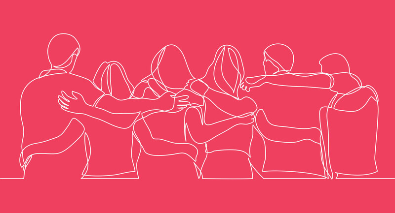 Illustration of 6 human silhouettes with their arms entwined