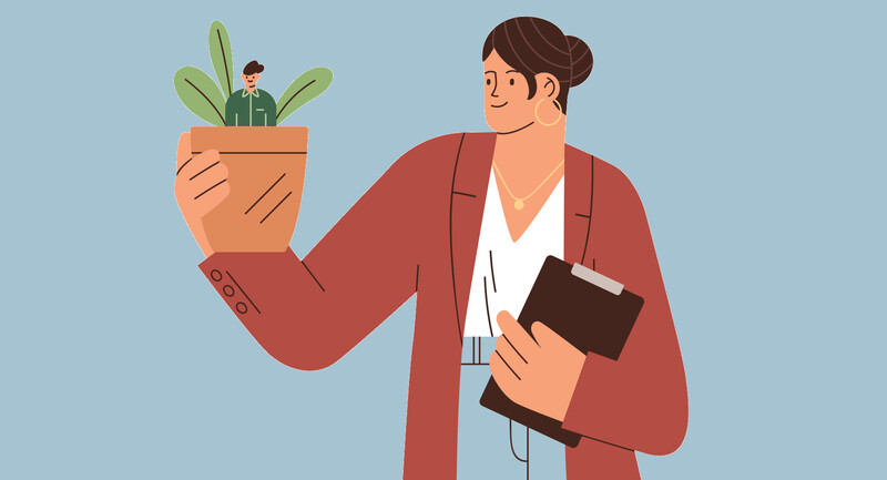 Illustration of a woman holding a clipboard and a small potted plant. Inside the pot is also a small man.