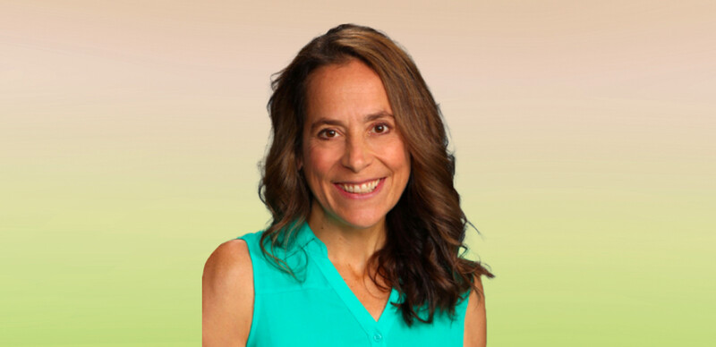 ASCD author Jen Schwanke, a white woman with long dark hair and wearing an aqua blue sleeveless blouse superimposed over a colorful background.