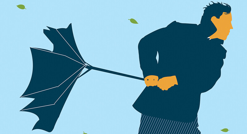 Illustration of a man in a windstorm, his umbrella turned inside out