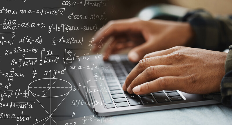 Photo of hands on a keyboard with overlaid image of a blackboard covered in mathematical formulas