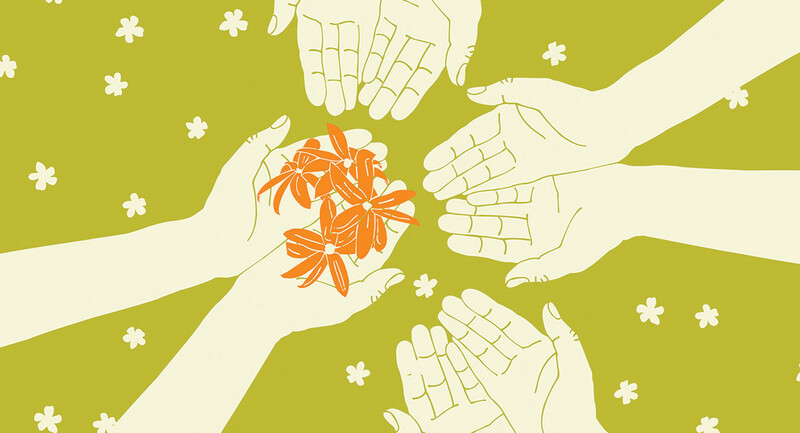 Illustration of 4 pairs of cupped hands holding flowers