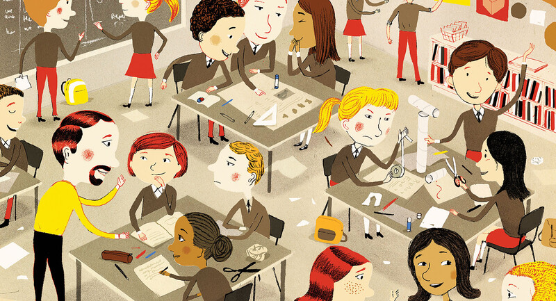 Illustration of small groups at work in a classroom. 