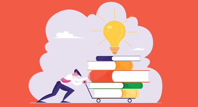 illustration of a man pushing a cart laden with massive books beneath a glowing lightbulb