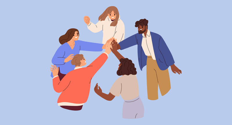 illustration of five people in a circle, hands meeting at the center