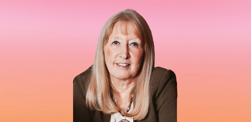 ASCD author Karin Hess, a white woman with long blonde hair and wearing a brown blouse, superimposed over a colorful pink and orange background.