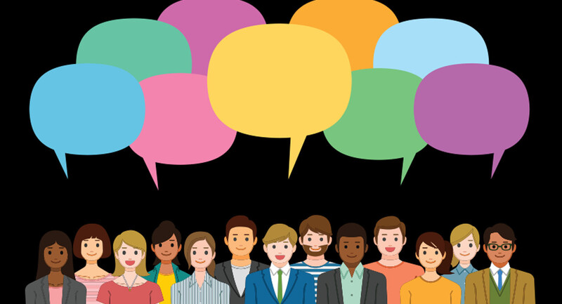 Illustration of a crowd of people with colorful speech bubbles overhead