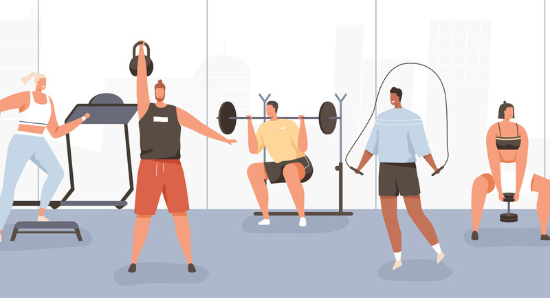 November 2021 Knight header image: Illustration of a gym with various people exercising. 