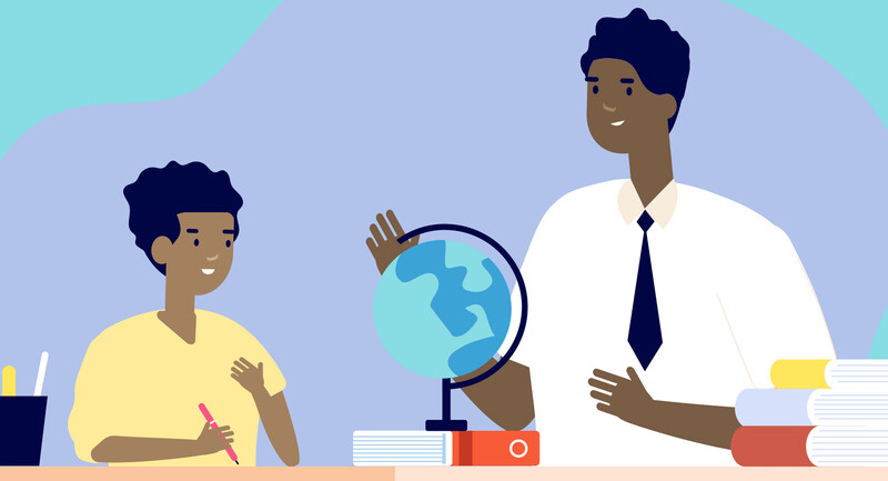 November 2021 Numbers of Note header image: An illustration of a teacher and student examining a globe.