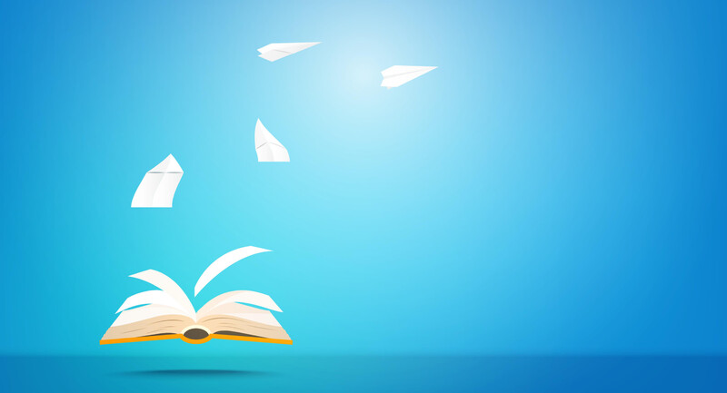Illustration of open book with paper airplanes flying out across a blue background.