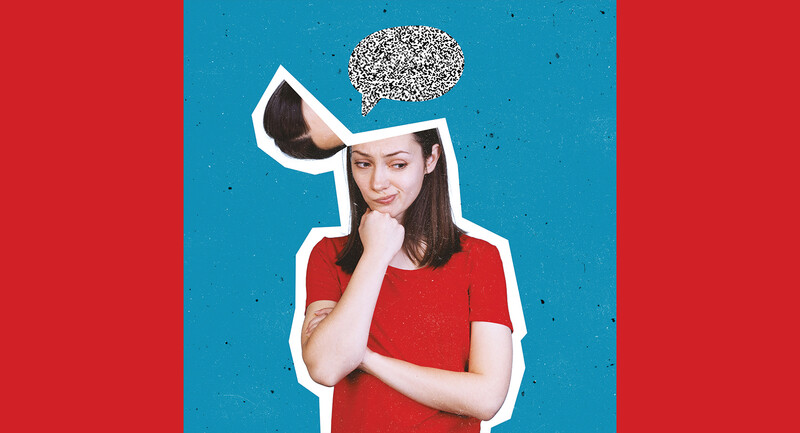 Photo of a woman thinking. Her head is flipped open, and her brain is hovering in the shape of a conversation bubble.