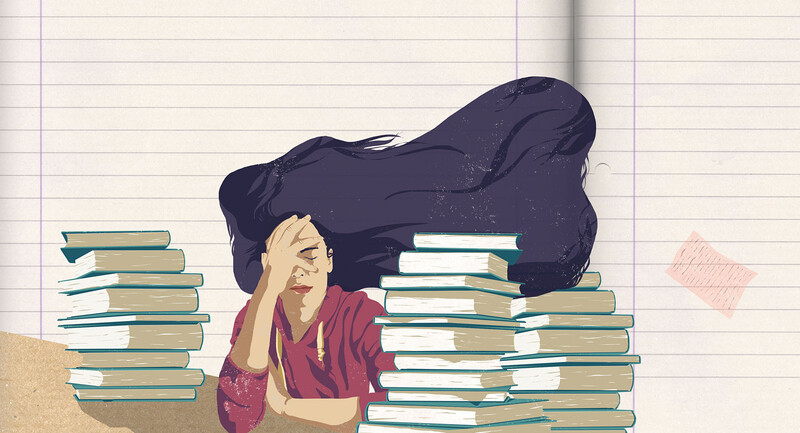 illustration of a teen girl with a hand on her forehead with stacks of books