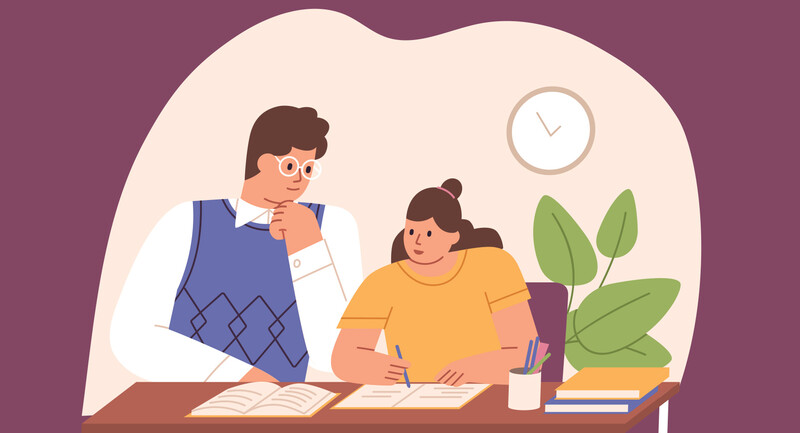 Illustration of a young student and adult doing school work together