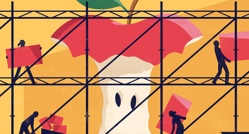 illustration of a massive apple core surrounded by scaffolding and workers moving building blocks