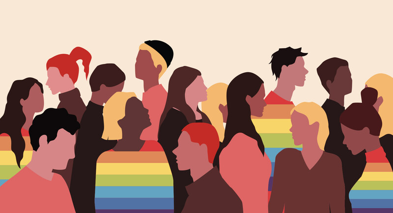 Illustration of a group of people, some wearing rainbow-striped shirts